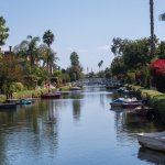 LA canal with punting boats and trees surrounding the water